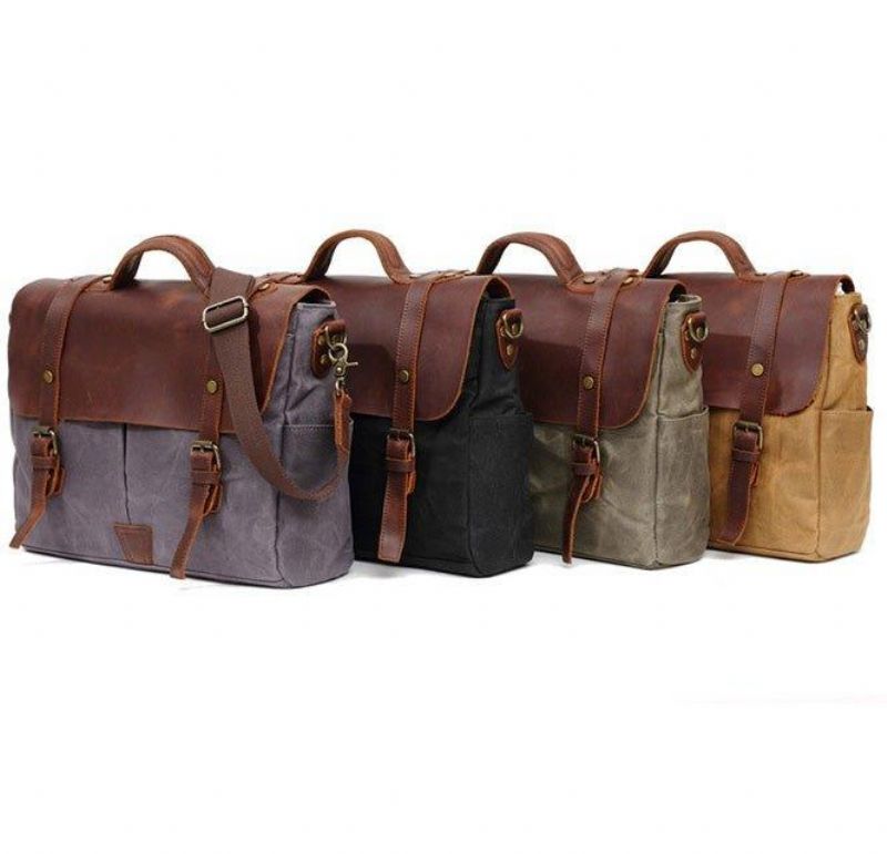 Crossbody-Laptoptas Heren Van Canvas En Leer