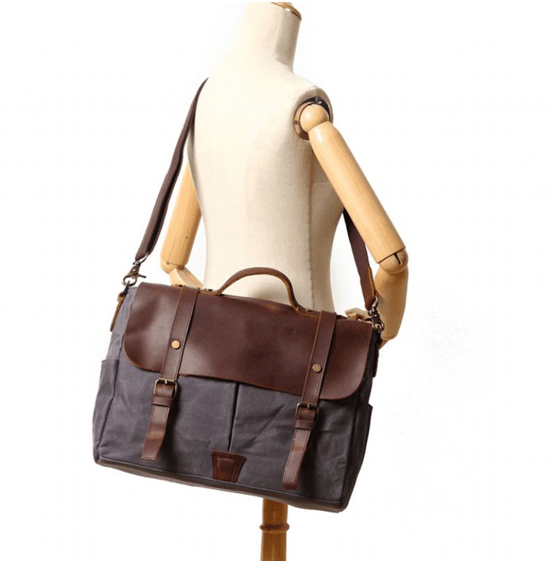 Crossbody-Laptoptas Heren Van Canvas En Leer