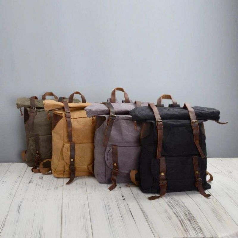 Gewaxte Canvas Vintage Rugzak Met Roll-Top Rugzak