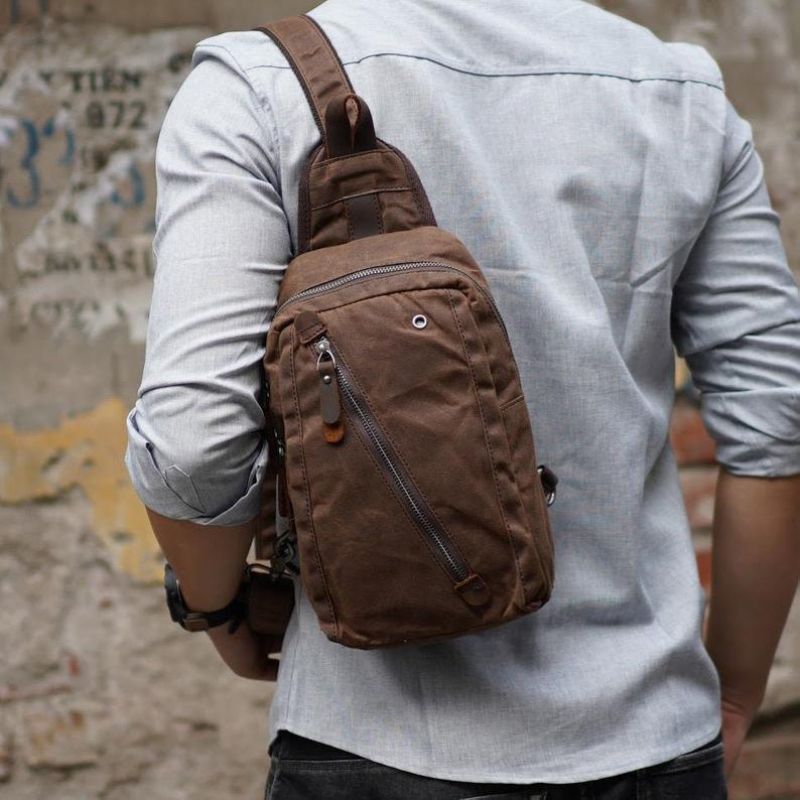 Sling Backpack Crossbodytas Van Gewaxt Canvas Voor Heren